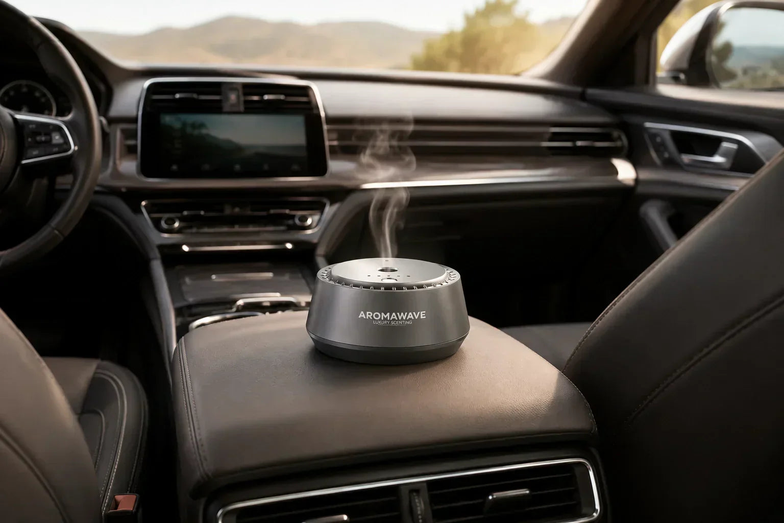 Aromawave Neo Sense Pro Car Diffuser in silver, the best car diffuser for any Australian SUV, advanced ultrasonic diffusion waterless and heat-free, no residue on surfaces