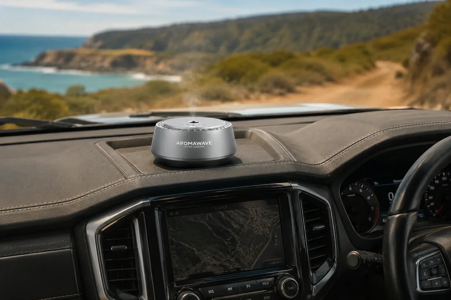 Aromawave Neo Sense Pro Car Diffuser top car diffuser for 4WD and ute in Australia sits on flat surface via non-slip silicone mat advanced ultrasonic diffusion waterless and heat-free