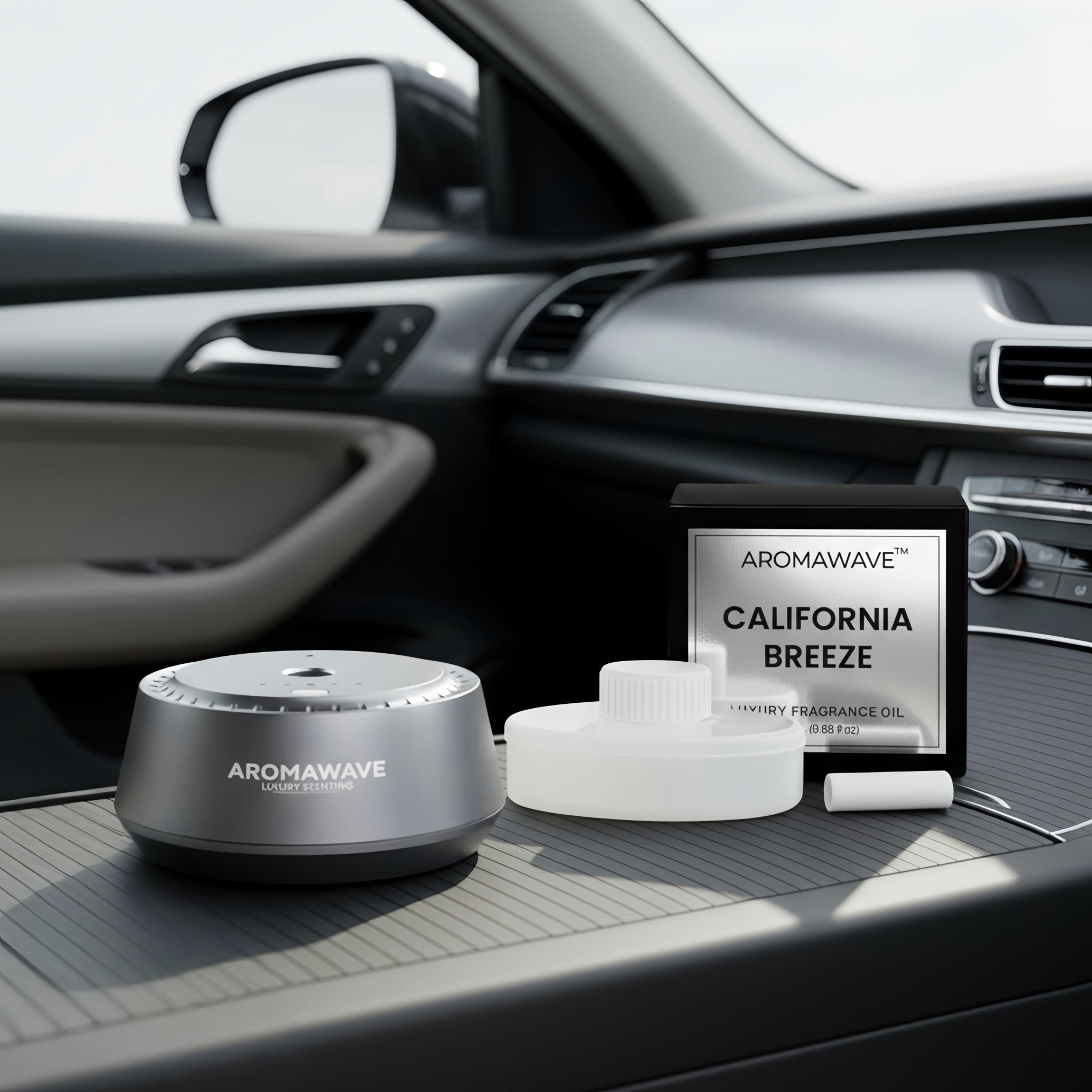 Aromawave car diffuser and California Breeze fragrance oil on a car dashboard