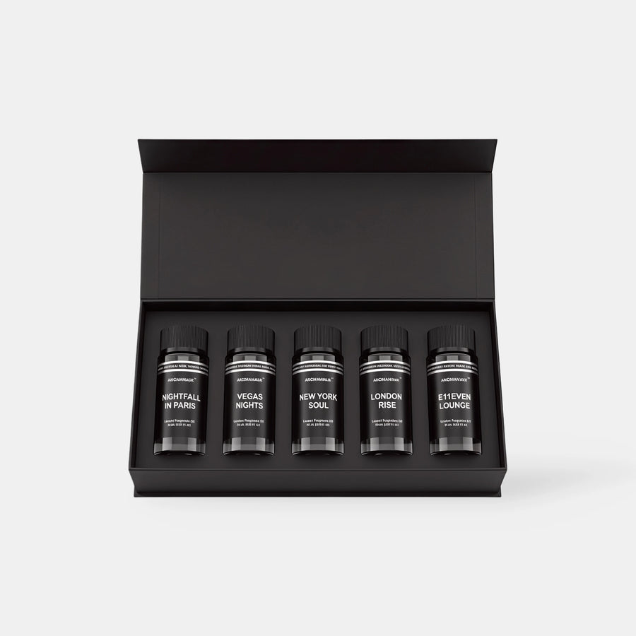 Aromawave City Escape Signature fragrance oil set with five 50ml luxury diffuser oils inspired by modern city lifestyle scents