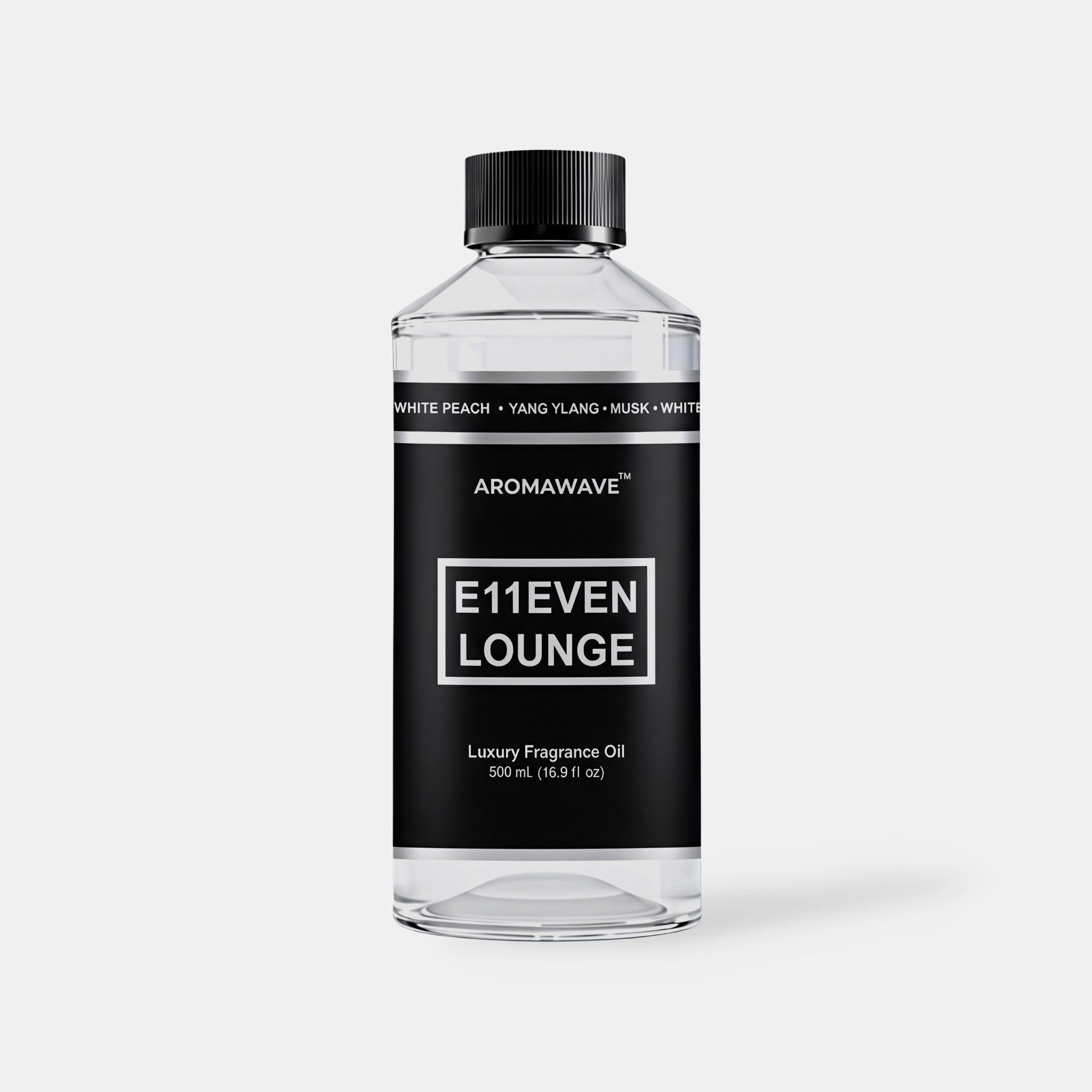 E11even Lounge 120ml luxury fragrance oil by Aromawave featuring white peach, soft florals, sandalwood, vanilla, and musk.