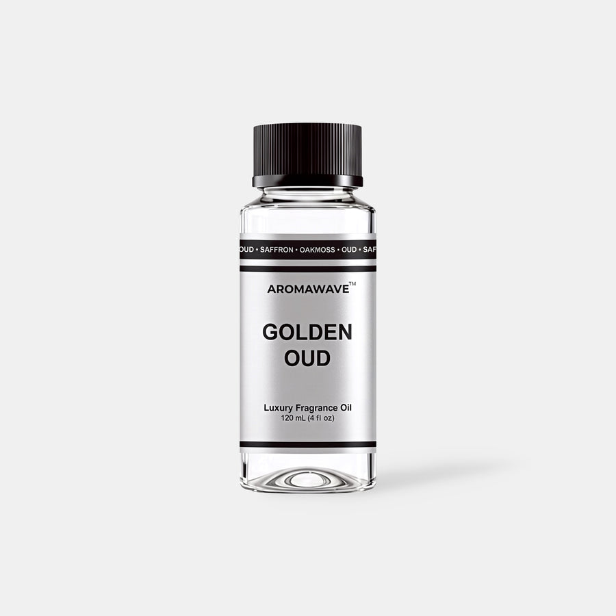 Golden Oud 120ml luxury fragrance oil by Aromawave for home and car diffusers delivering a deep elegant scent.