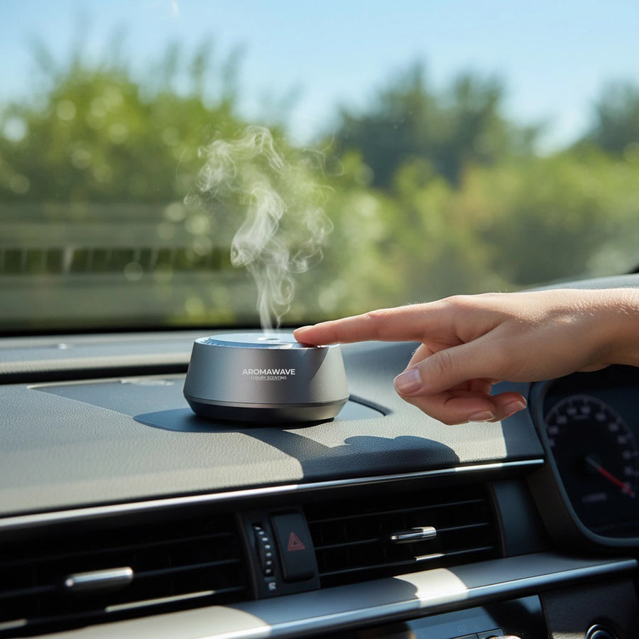 Aromawave Neo Sense Pro car diffuser releasing gentle mist on dashboard with hand activating touch control
