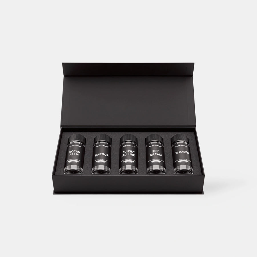 Aromawave Resort Living Premium fragrance oil set with five 20ml luxury diffuser oils inspired by resort style scents