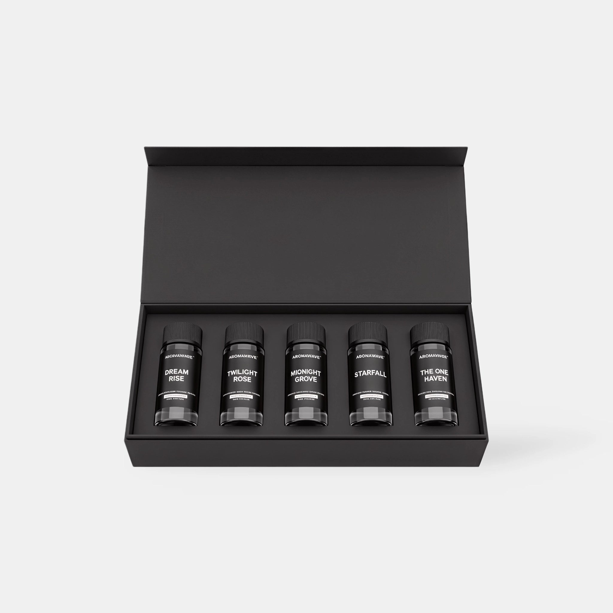 Aromawave Silk Bloom Premium fragrance oil set with five luxury diffuser oils in a matte black magnetic gift box