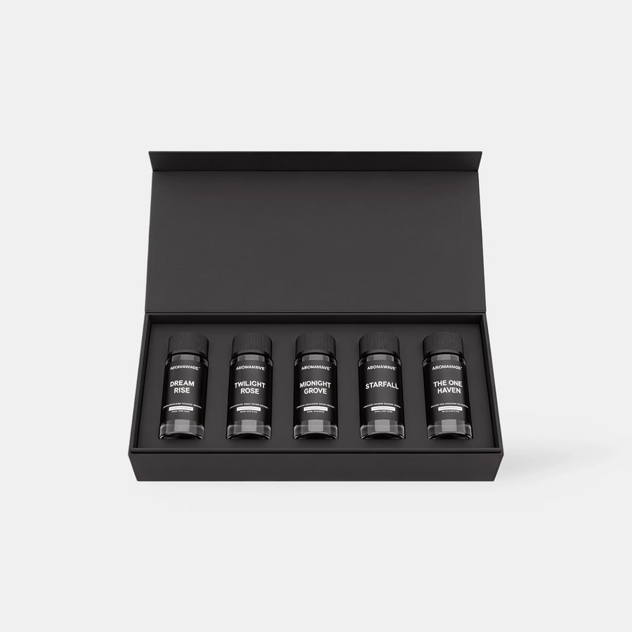 Aromawave Silk Bloom Premium fragrance oil set with five luxury diffuser oils in a matte black magnetic gift box