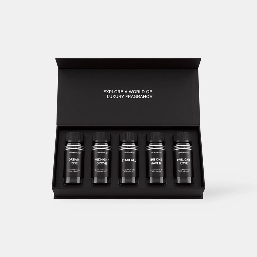 Aromawave Silk Bloom Signature fragrance oil set with five luxury diffuser oils in a matte black magnetic gift box
