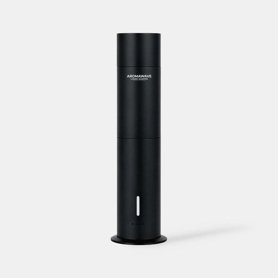 Ultra Pro Scent Diffuser in black by Aromawave featuring waterless cold air diffusion, Bluetooth connectivity, remote control, and a modern cylindrical design for home and office scenting
