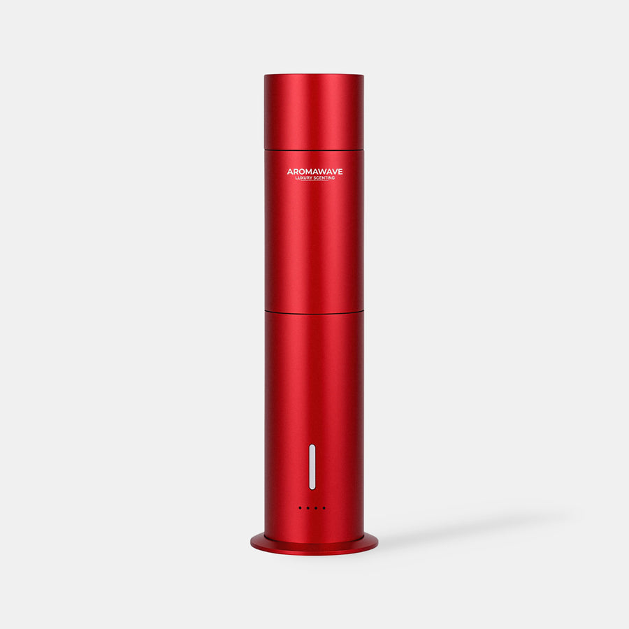 Ultra Pro Scent Diffuser in red by Aromawave featuring modern cylindrical styling, waterless heatless cold air diffusion, Bluetooth connectivity, and adjustable scent intensity
