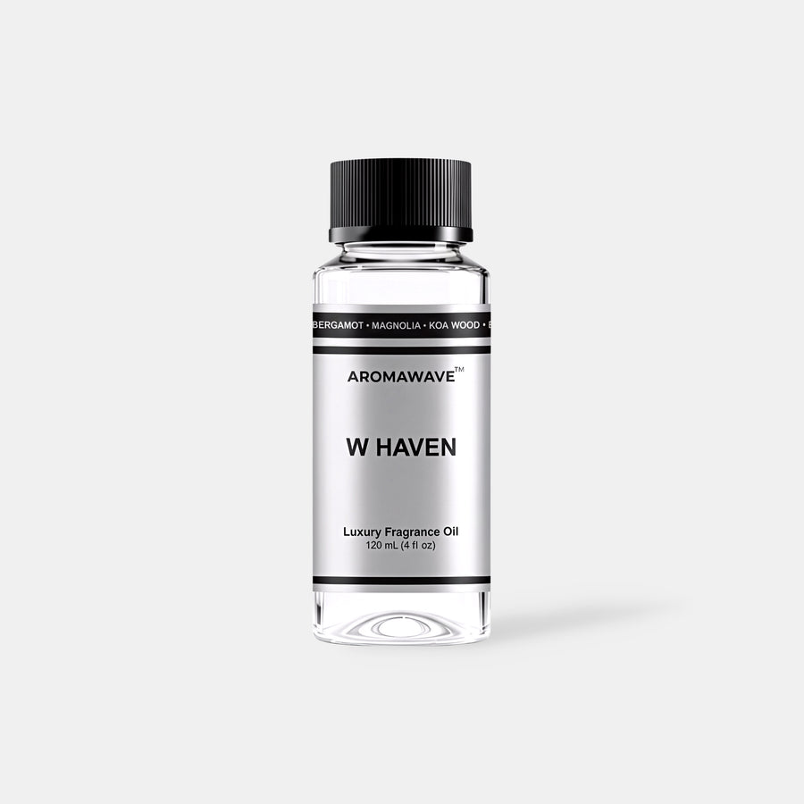 W Haven 120ml luxury fragrance oil by Aromawave for home and car diffusers delivering a crisp long-lasting scent.