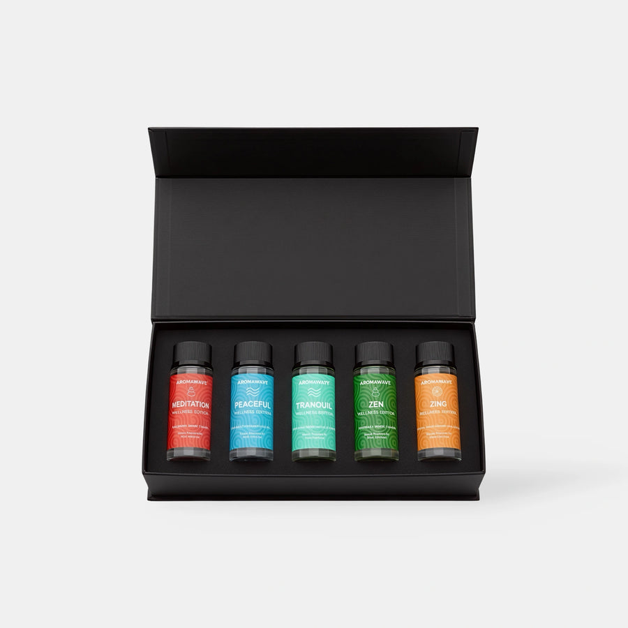 Aromawave Wellness Edition Signature fragrance oil set with five 50ml luxury diffuser oils inspired by relaxing wellness aromas