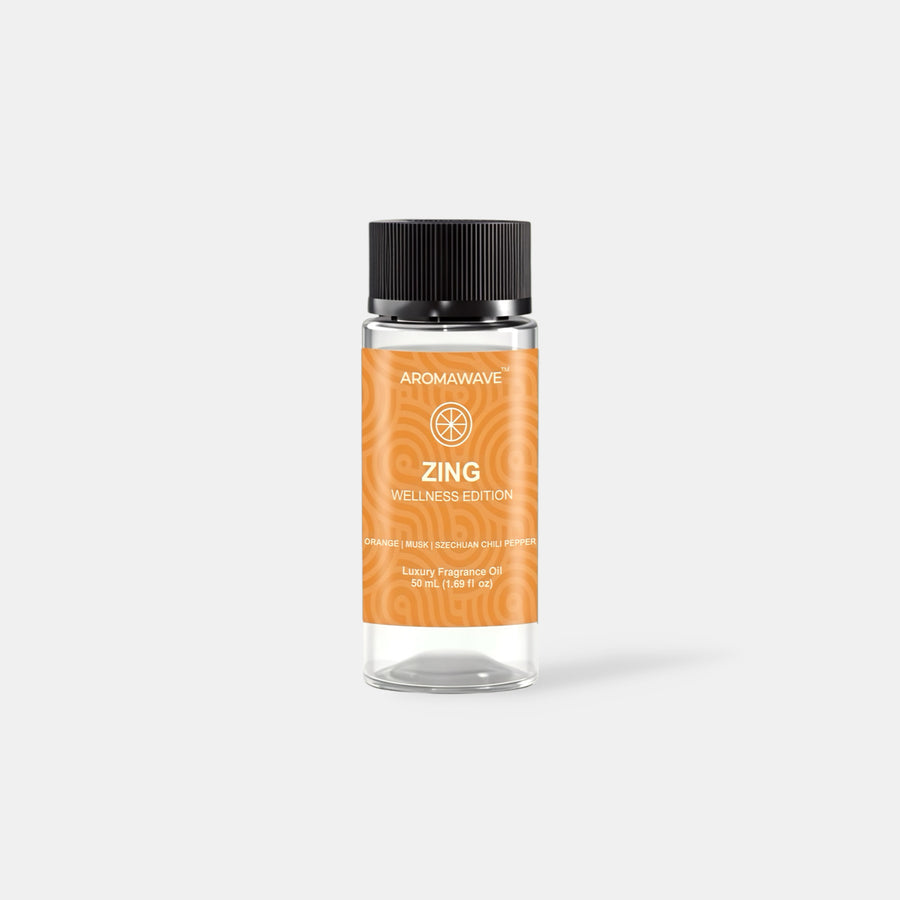 Zing Aromawave fragrance oil 50ml premium diffuser oil with mandarin citrus pepper and sandalwood notes for energising interiors