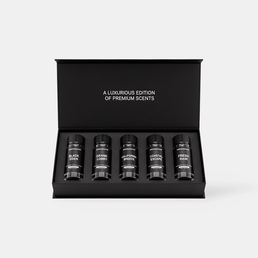 Open Aromawave Hotel Style Premium fragrance oil gift set showing five 20ml luxury diffuser fragrance oils