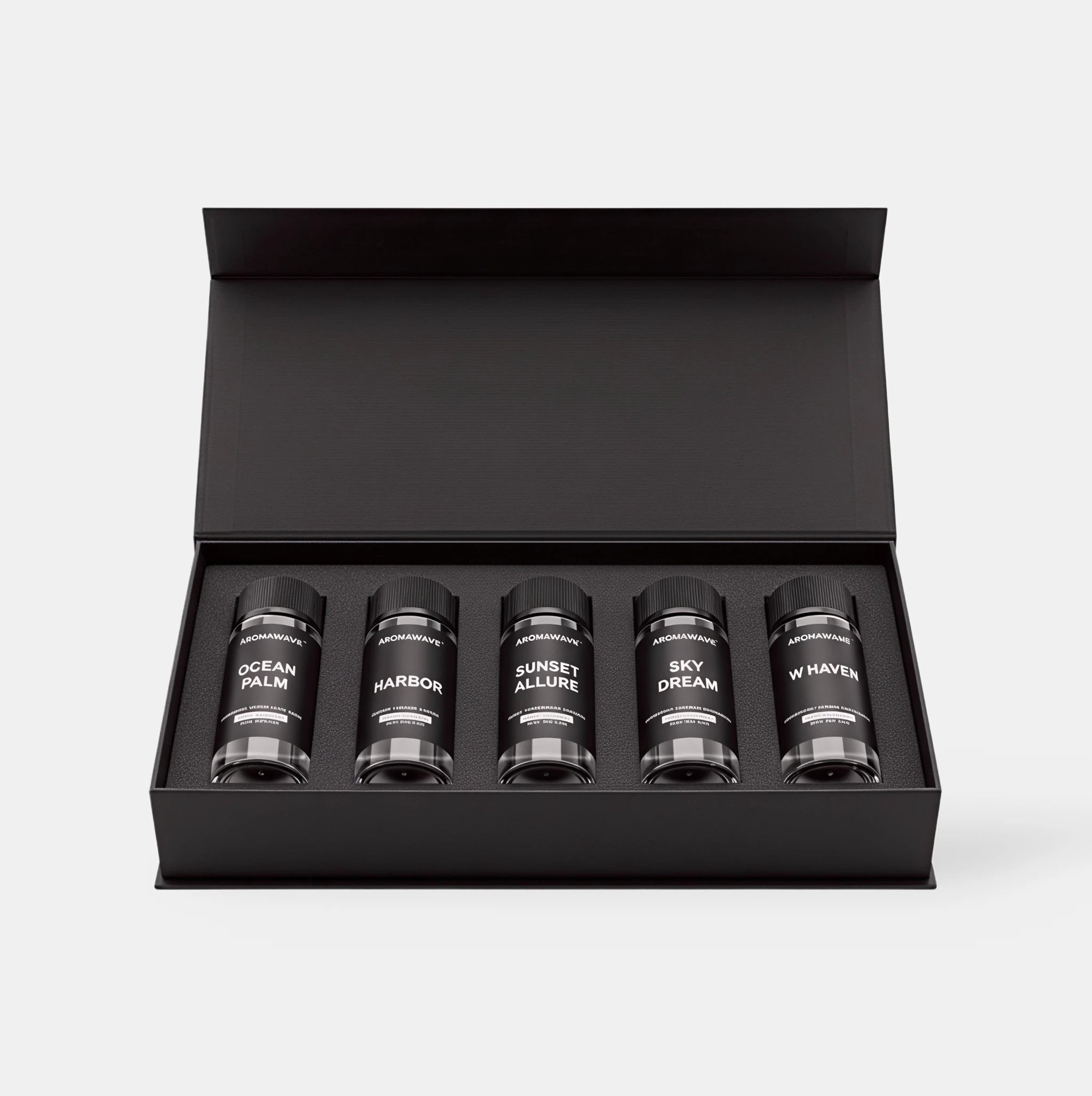 Open Aromawave Resort Living Premium fragrance oil gift set showing five 20ml luxury diffuser oils in a black magnetic box