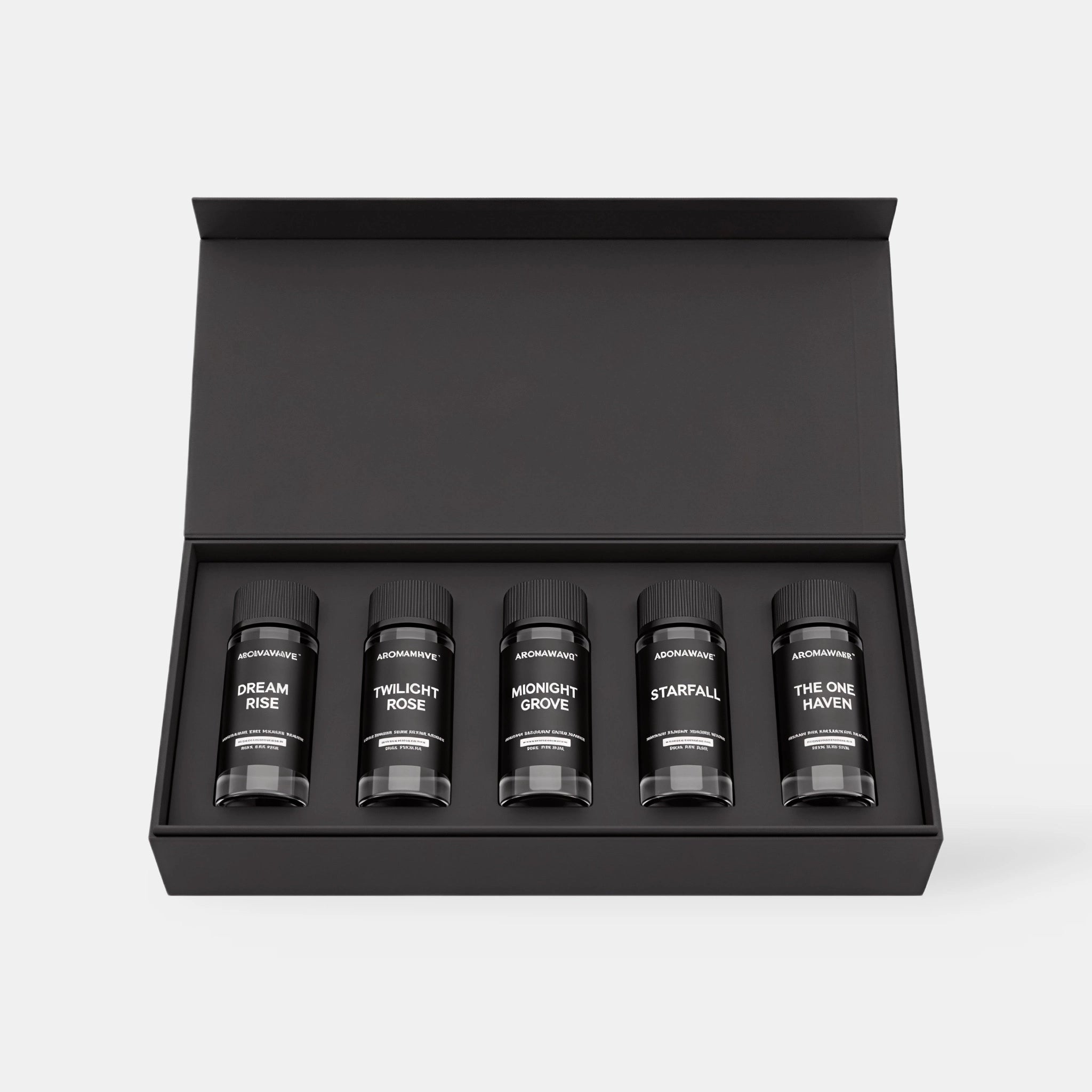 Open Aromawave Silk Bloom Premium Set showing five luxury fragrance oil bottles inside a black magnetic presentation box