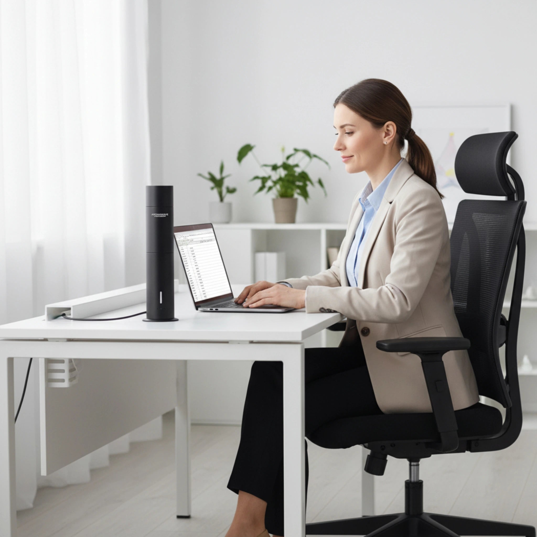 Ultra Pro scent diffuser in black placed on a modern office desk beside a woman working on a laptop