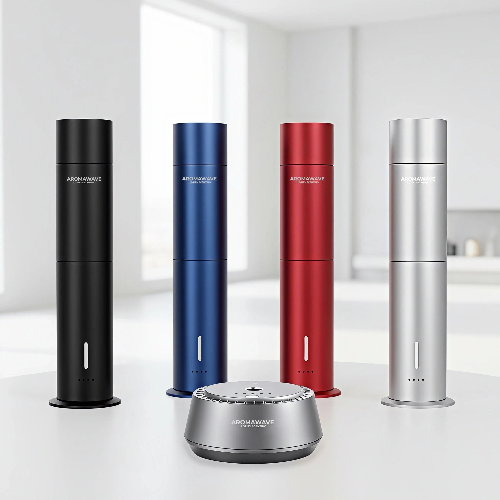 Aromawave scent diffusers displayed in silver, black, blue and red colour options with charging base