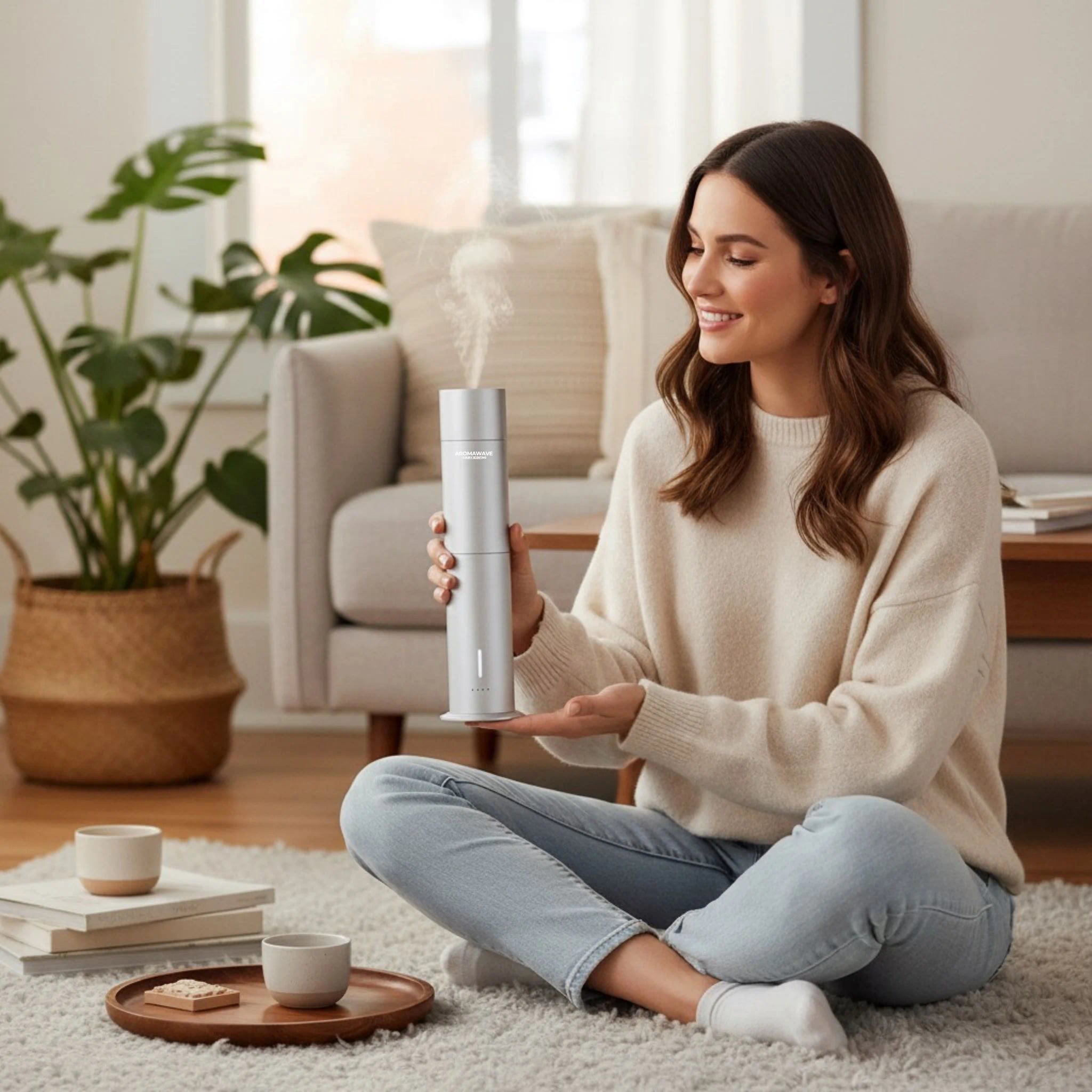 women holding wireless ultra smart scent diffuser in relaxing mode