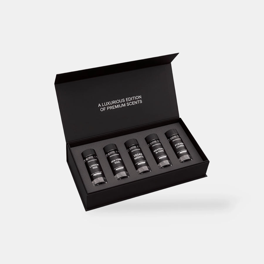 Aromawave City Escape Premium fragrance oil set with five 20ml luxury diffuser oils inspired by modern city lifestyle scents