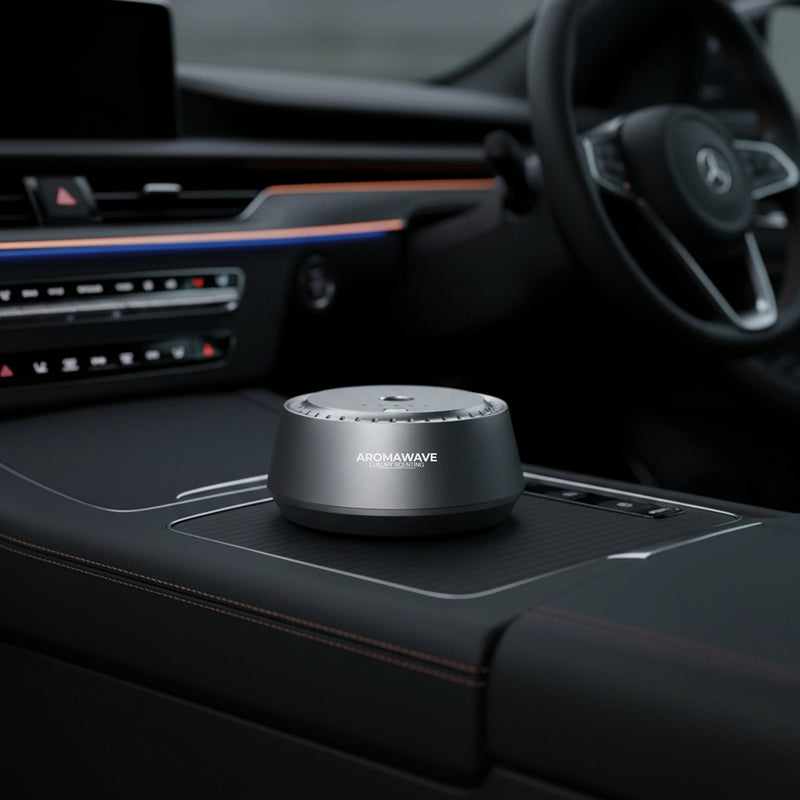Aromawave Neo Sense Pro Car Diffuser placed on luxury car centre console Australia