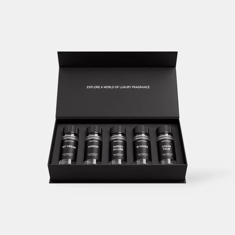 Aromawave Resort Living Signature fragrance oil set with five 50ml luxury diffuser oils inspired by resort style scents