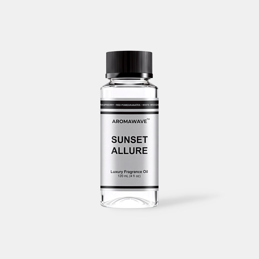 Sunset Allure 120ml luxury fragrance oil by Aromawave for home and car diffusers delivering an elegant long-lasting scent.