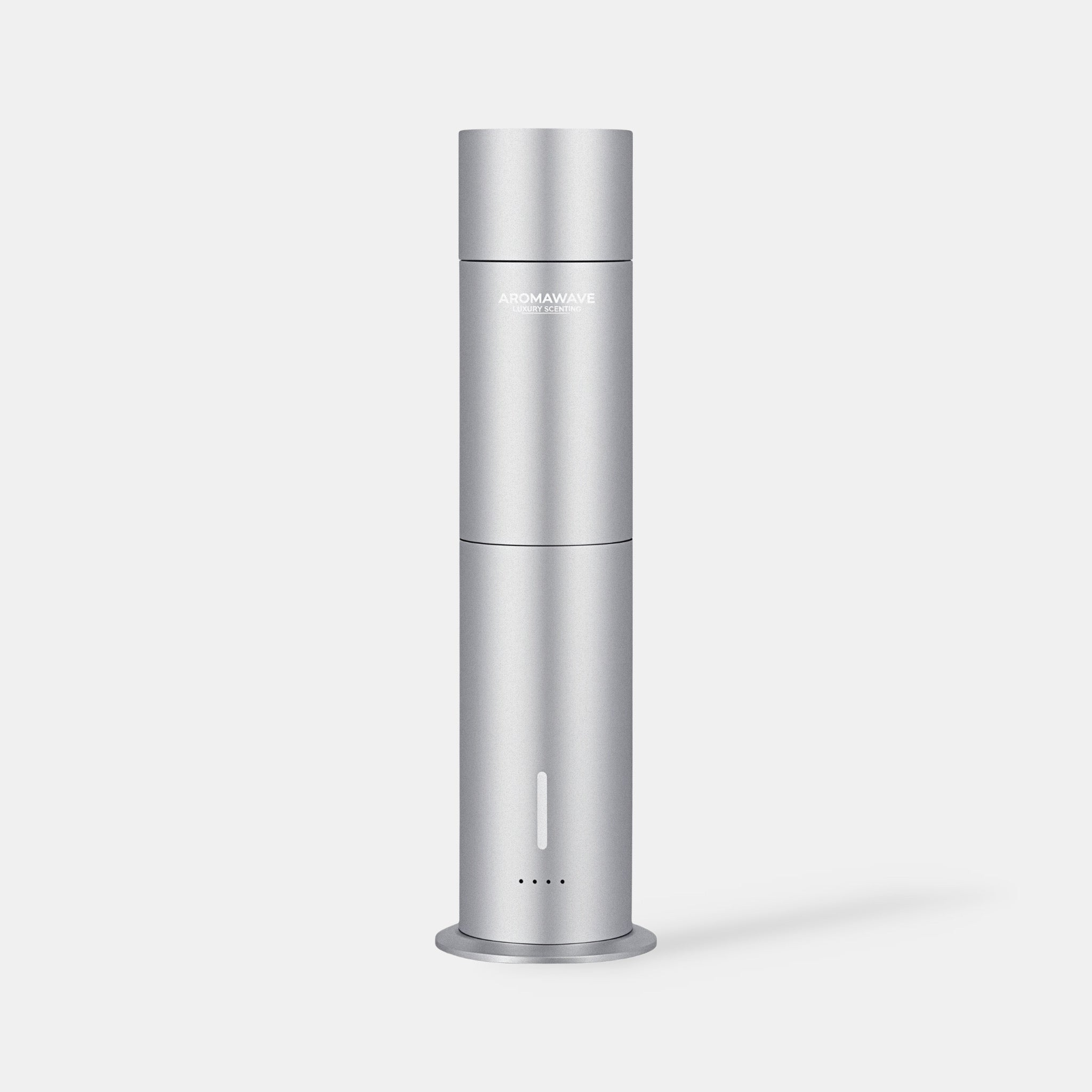Ultra Pro Scent Diffuser in silver by Aromawave with heatless waterless cold air diffusion, Bluetooth and remote control, and an elegant cylindrical design for refined interiors