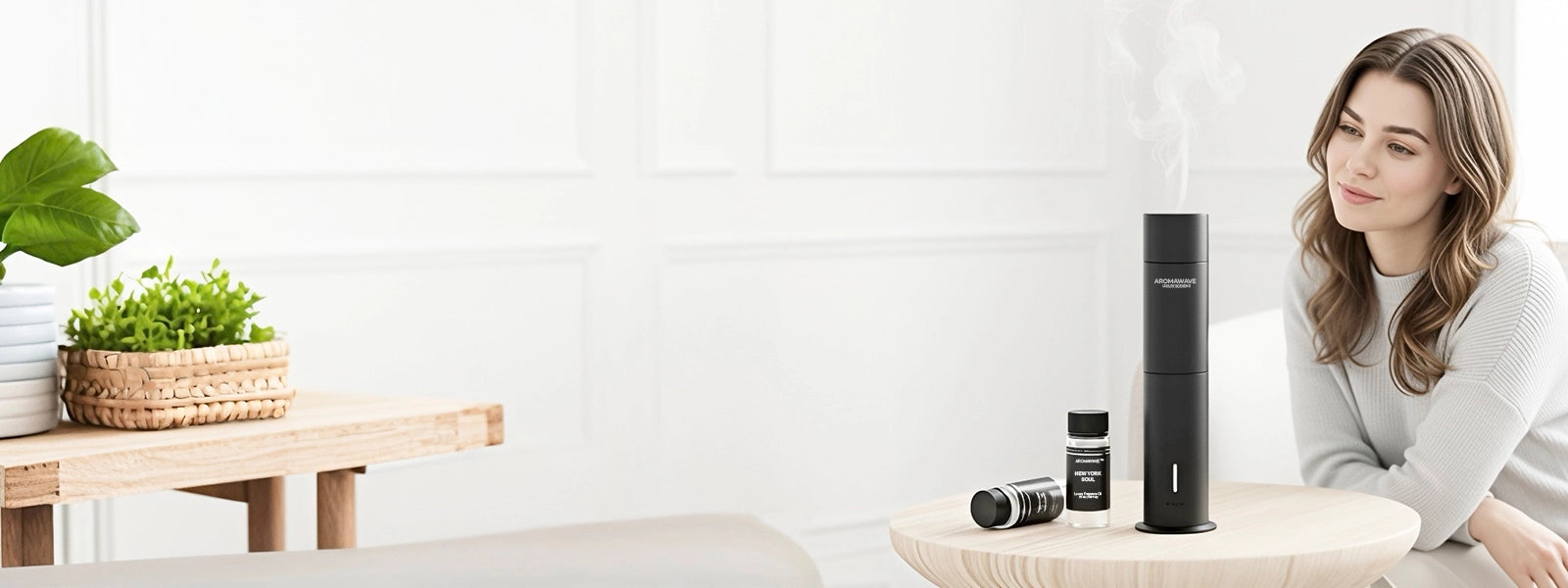 Aromawave luxury scent diffuser with premium fragrance oil creating a calming home atmosphere