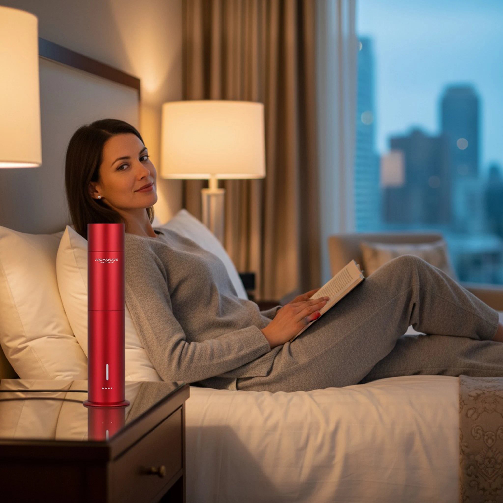 Ultra Pro scent diffuser in red placed beside a woman relaxing on a bed in a luxury bedroom setting