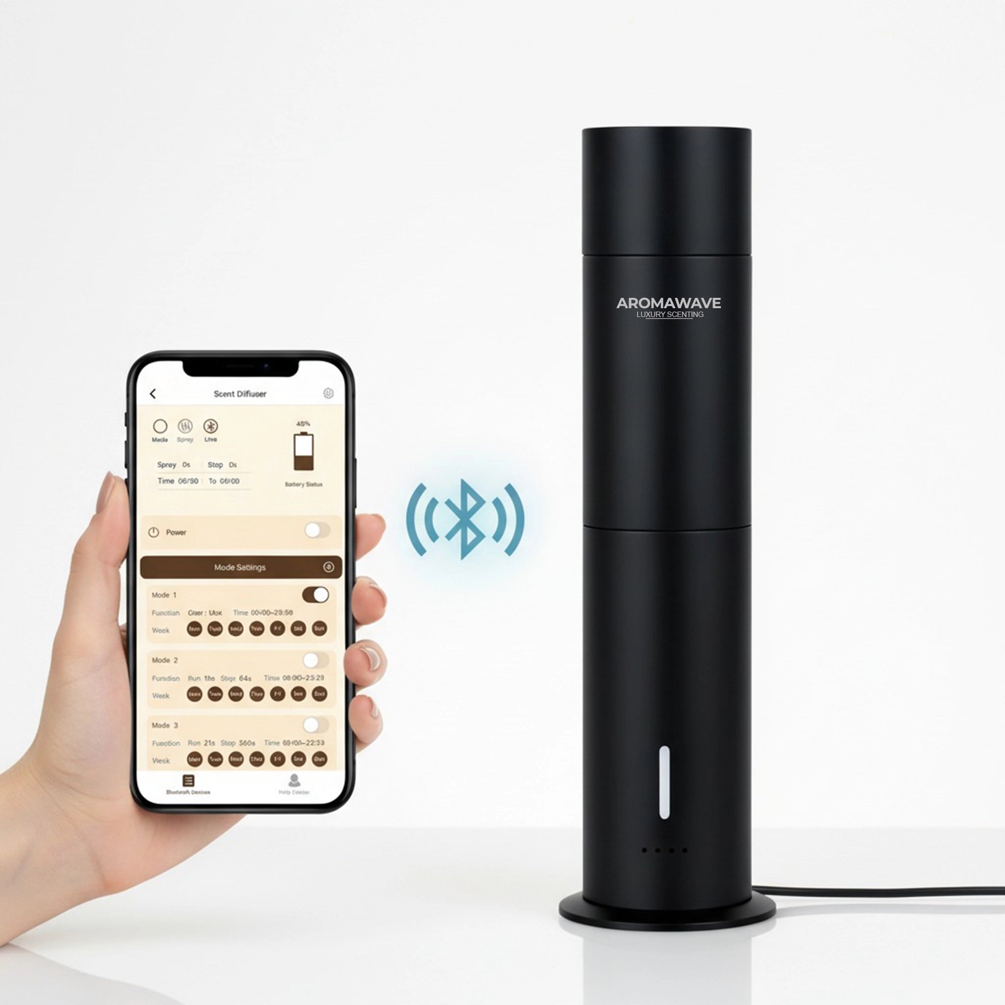 Ultra Pro scent diffuser in black with Bluetooth app control displayed on a smartphone