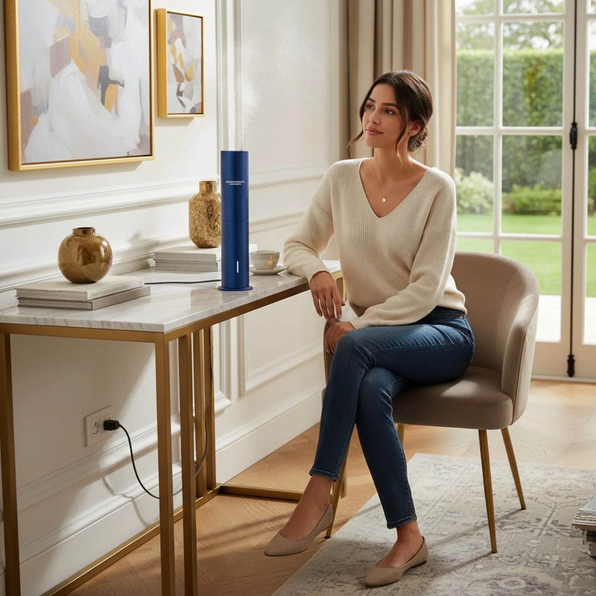 Ultra Pro scent diffuser in blue placed on a marble desk in a refined home office with a woman seated nearby