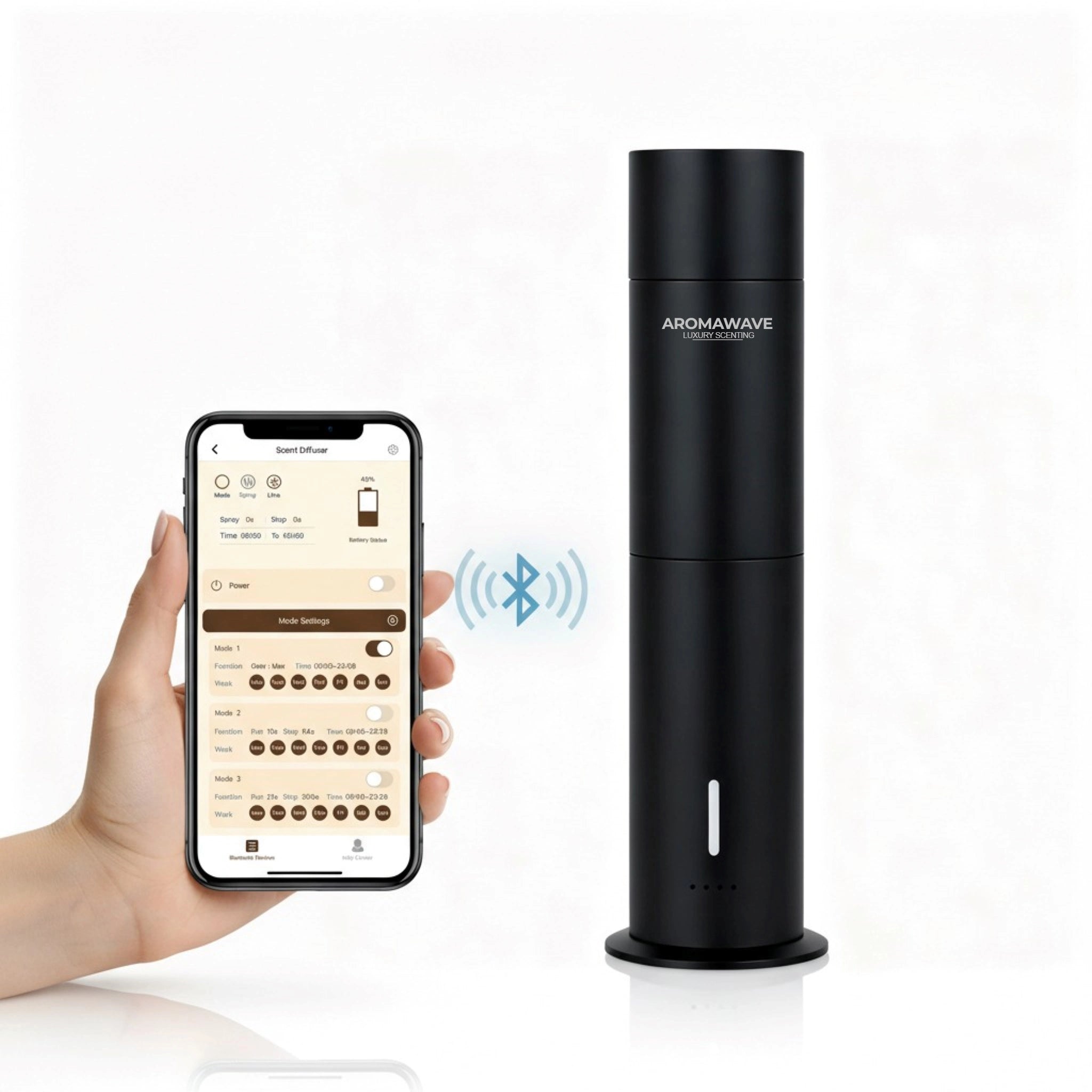 Black Wireless Ultra Smart scent diffuser with smartphone app showing Bluetooth control and settings