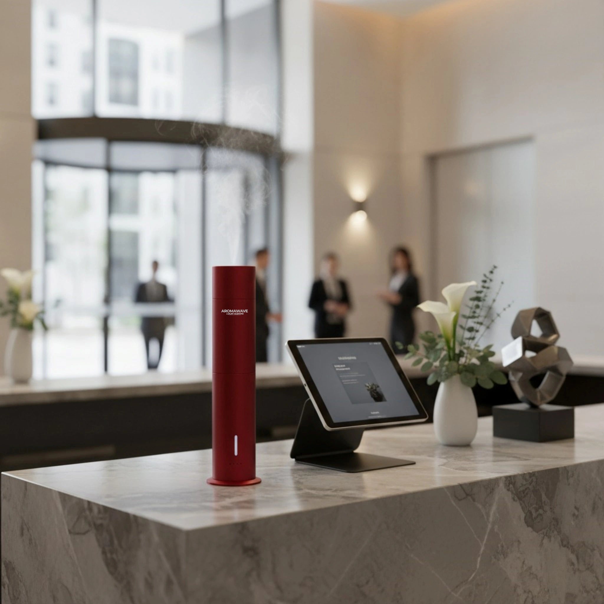 Wireless Ultra Smart scent diffuser in red placed on a marble reception counter in a modern commercial lobby releasing gentle mist