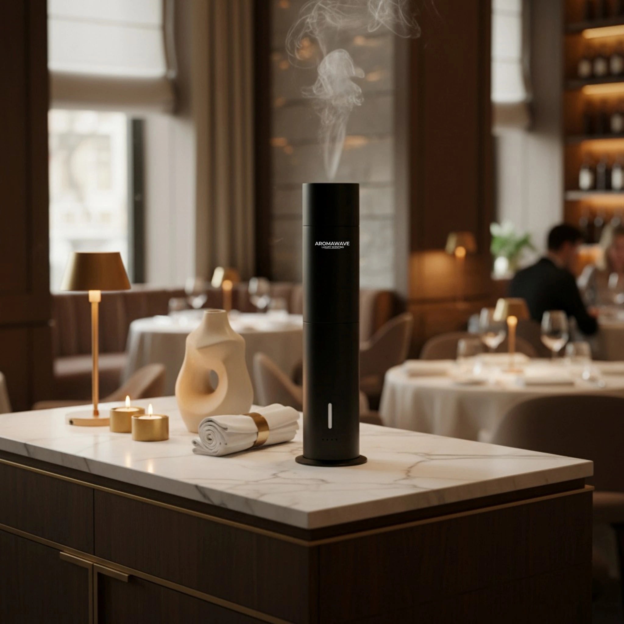 Wireless Ultra Smart scent diffuser in black releasing gentle mist on a marble counter in a luxury restaurant setting
