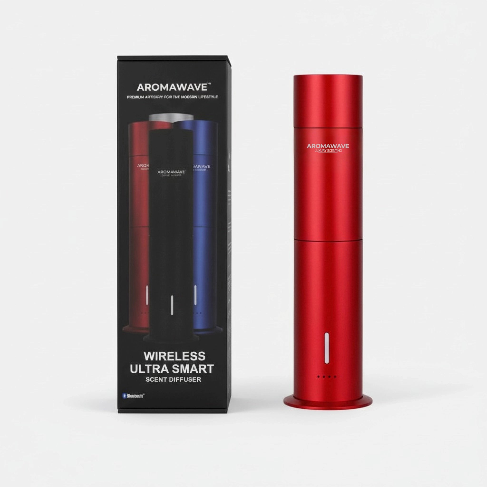 Wireless Ultra Smart scent diffuser in red displayed beside its Aromawave retail packaging
